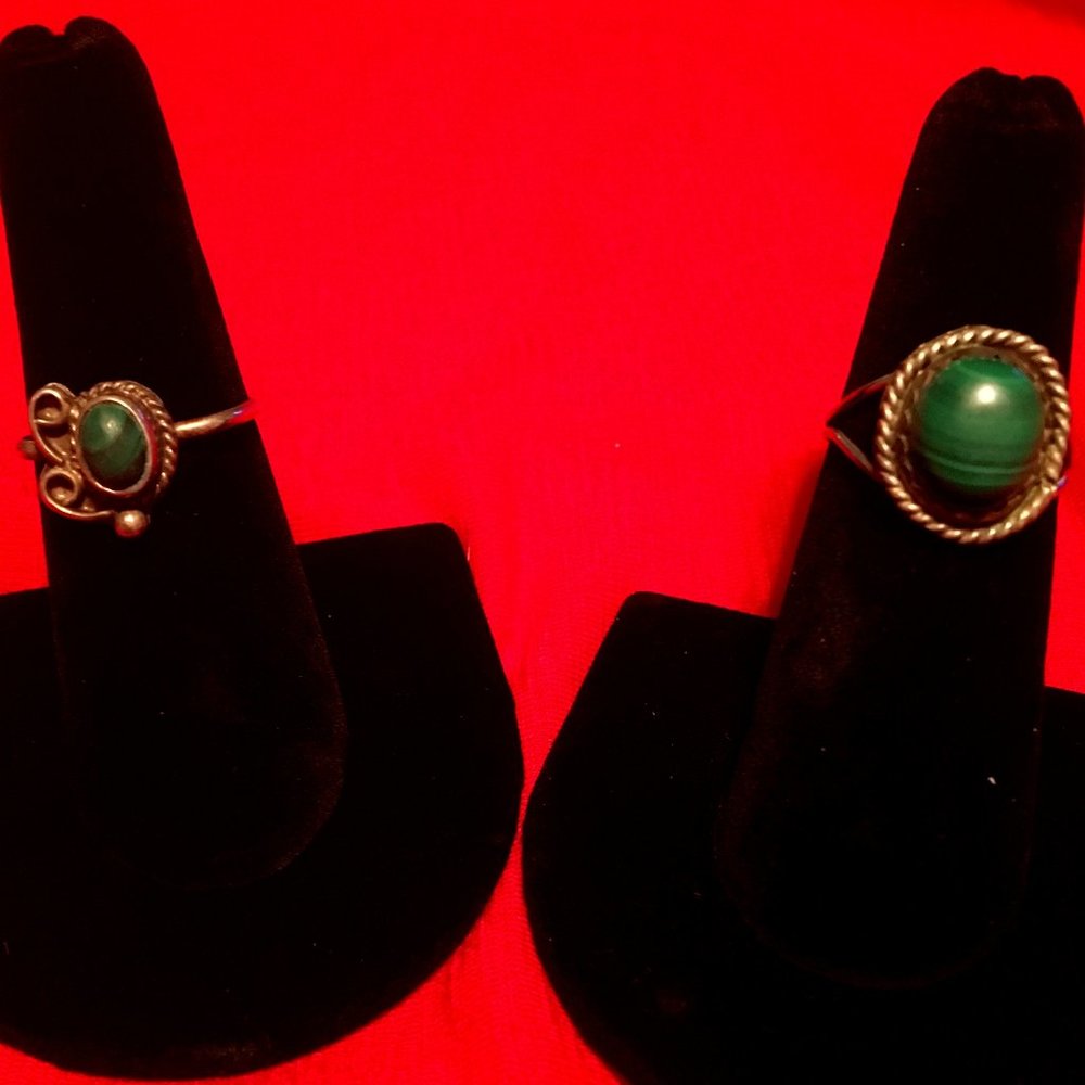 Two vintage malachite sterling rings